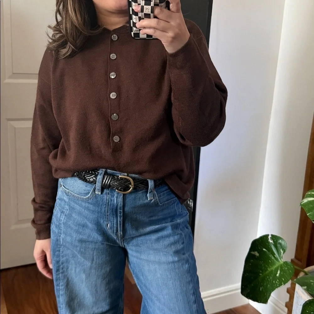 Vintage Wool Blend Unisex Henley Sweater Brown. Size M